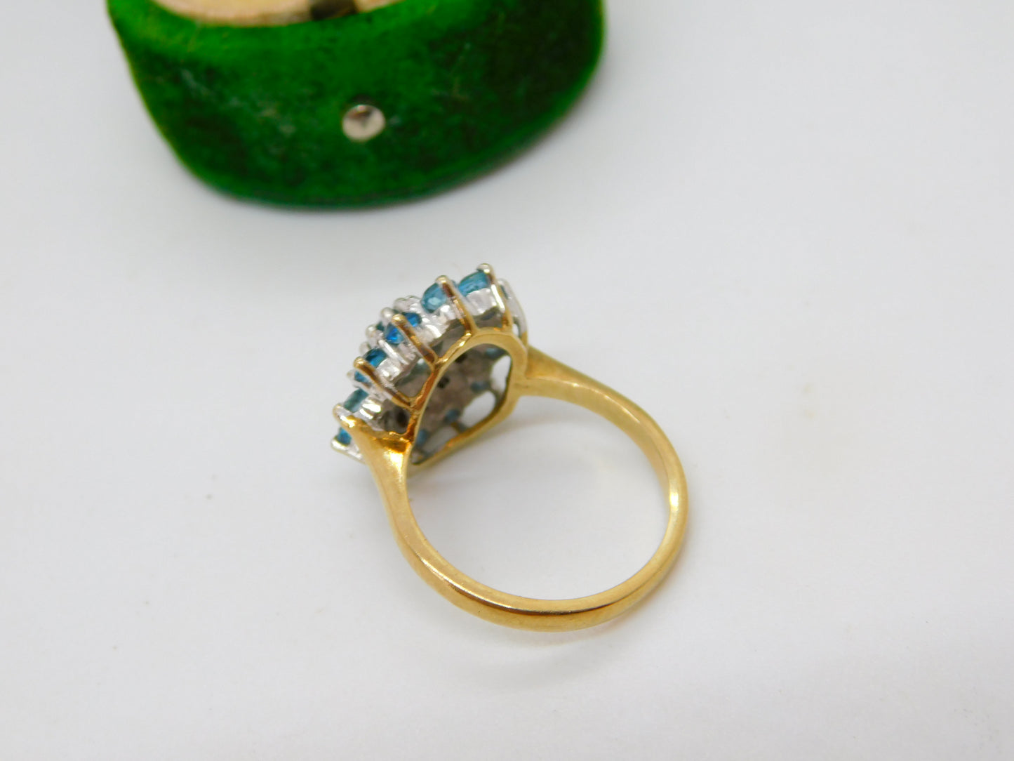 9ct Yellow Gold Blue Topaz & Diamond Floral Cluster Ring Vintage 1972 Birmingham