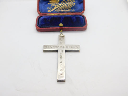 Large Sterling Silver 'Mr & Mrs W. Snell's Silver Wedding' Cross Pendant 1914