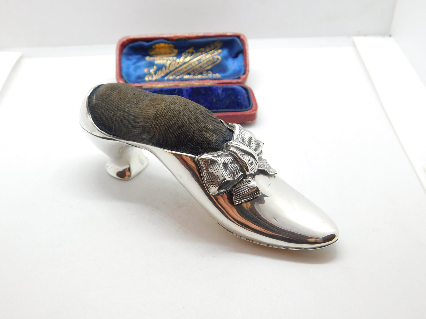 Victorian Sterling Silver High Heel Shoe Pin Cushion Antique 1890 Birmingham