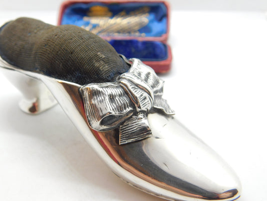 Victorian Sterling Silver High Heel Shoe Pin Cushion Antique 1890 Birmingham