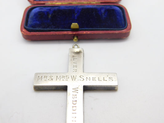 Large Sterling Silver 'Mr & Mrs W. Snell's Silver Wedding' Cross Pendant 1914