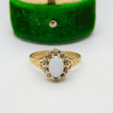 9ct Yellow Gold Cabochon Opal & Diamond Floral Cluster Ring Vintage 1987