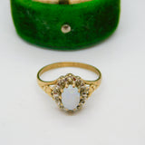 9ct Yellow Gold Cabochon Opal & Diamond Floral Cluster Ring Vintage 1987