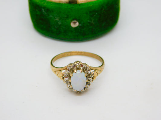 9ct Yellow Gold Cabochon Opal & Diamond Floral Cluster Ring Vintage 1987