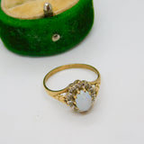 9ct Yellow Gold Cabochon Opal & Diamond Floral Cluster Ring Vintage 1987