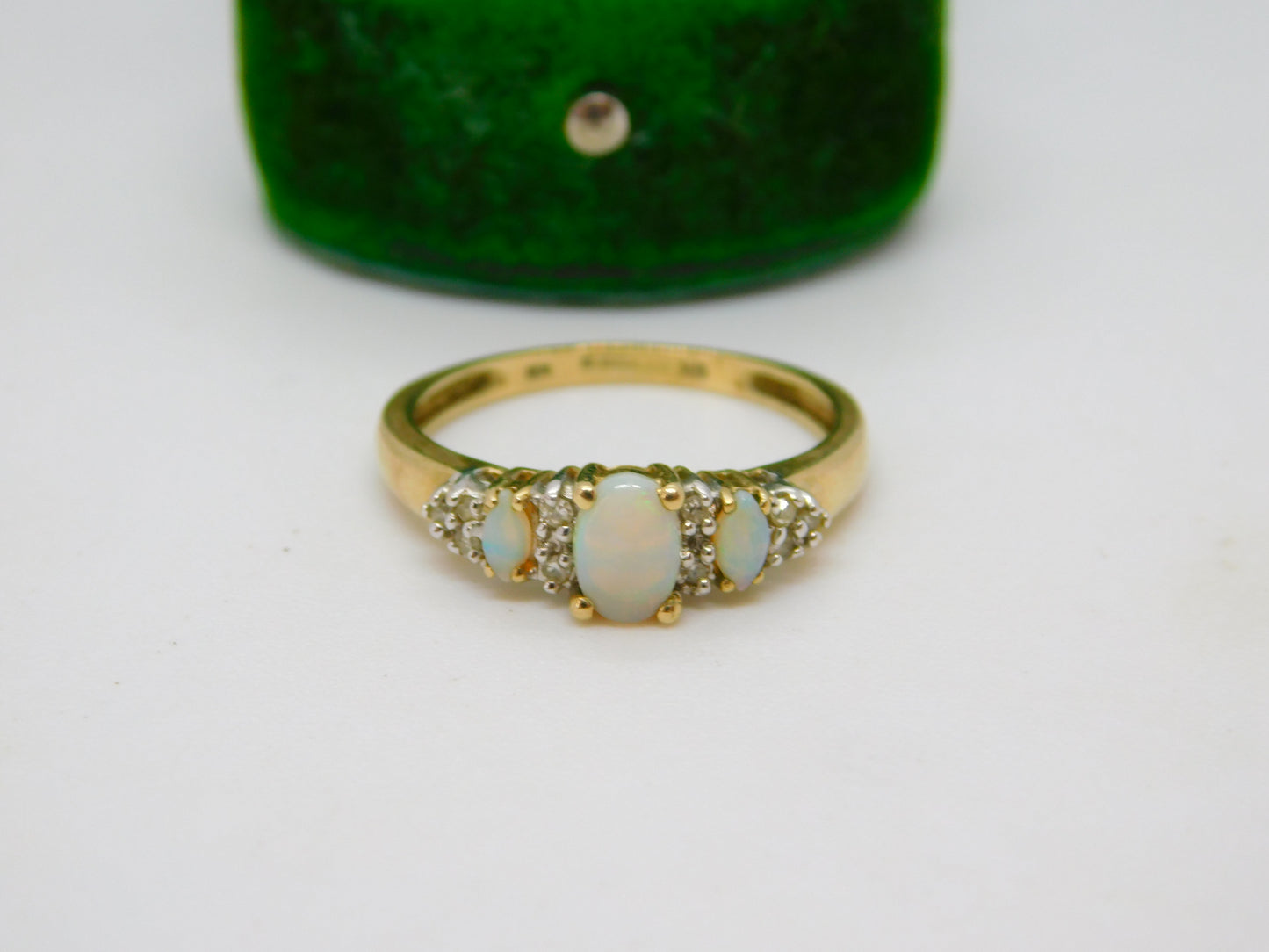 9ct Yellow Gold, Opal & White Spinel Set Dress Ring Vintage c1990 London