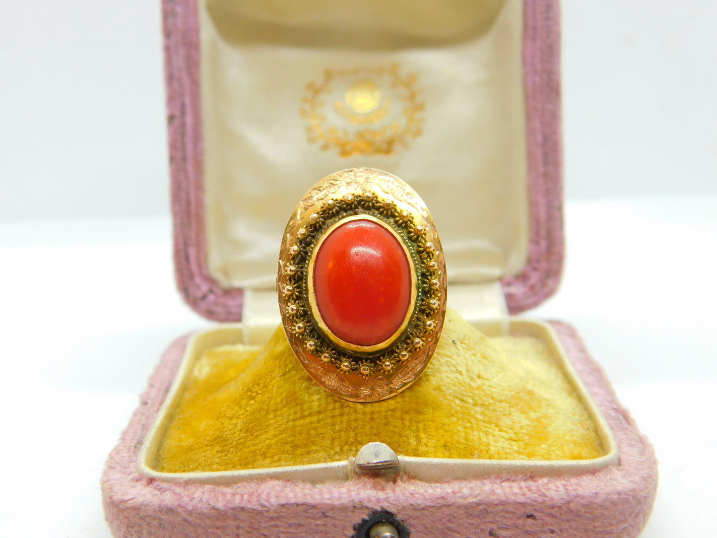 14ct Yellow Gold & Cabochon Coral Austro-Hungarian Ring Antique c1920 Art Deco