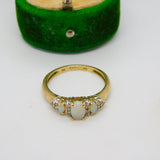 9ct Yellow Gold, Opal & White Spinel Set Dress Ring Vintage c1990 London