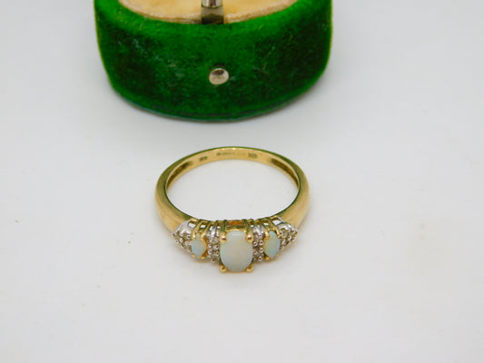 9ct Yellow Gold, Opal & White Spinel Set Dress Ring Vintage c1990 London