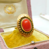 14ct Yellow Gold & Cabochon Coral Austro-Hungarian Ring Antique c1920 Art Deco