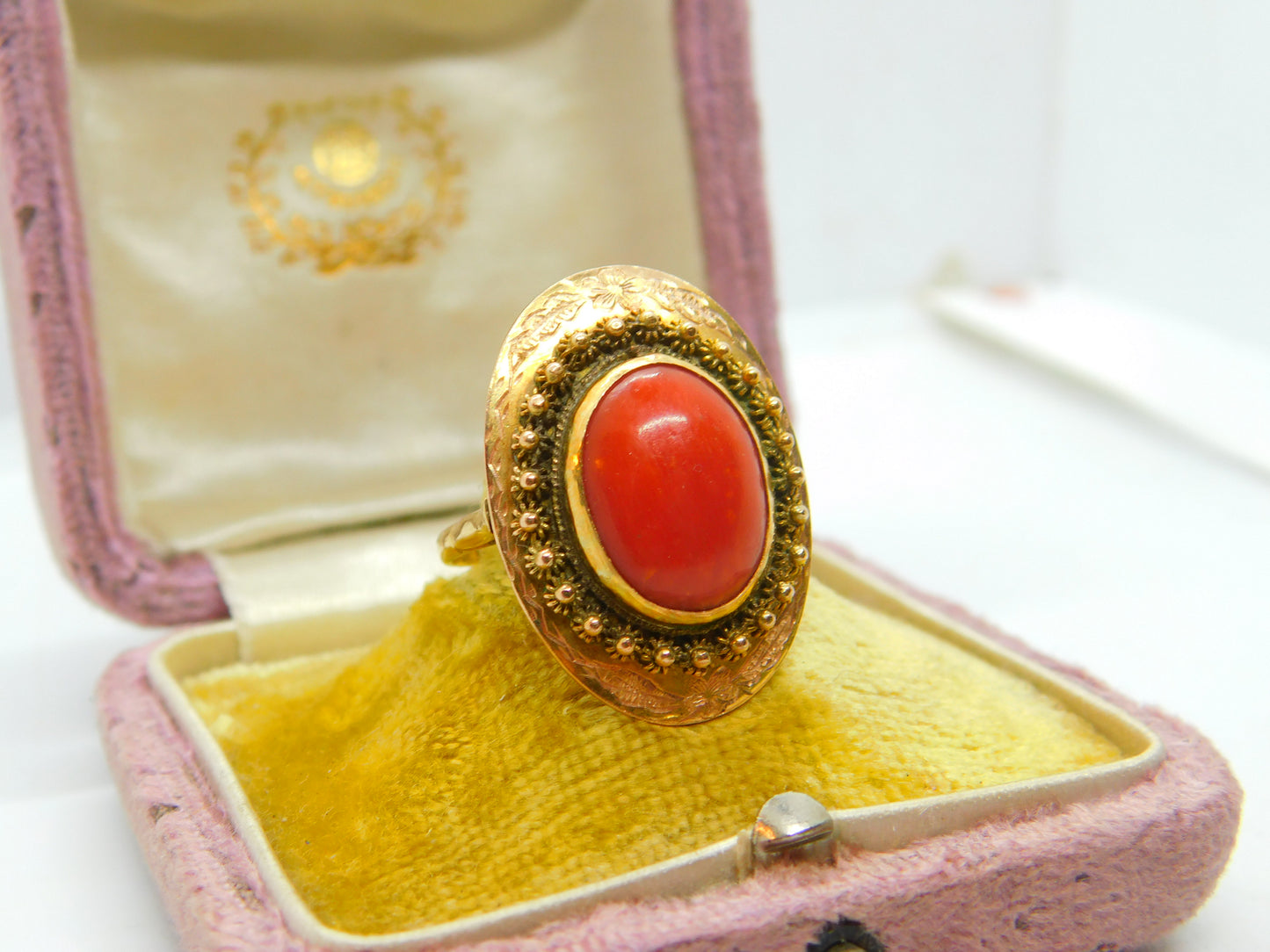 14ct Yellow Gold & Cabochon Coral Austro-Hungarian Ring Antique c1920 Art Deco