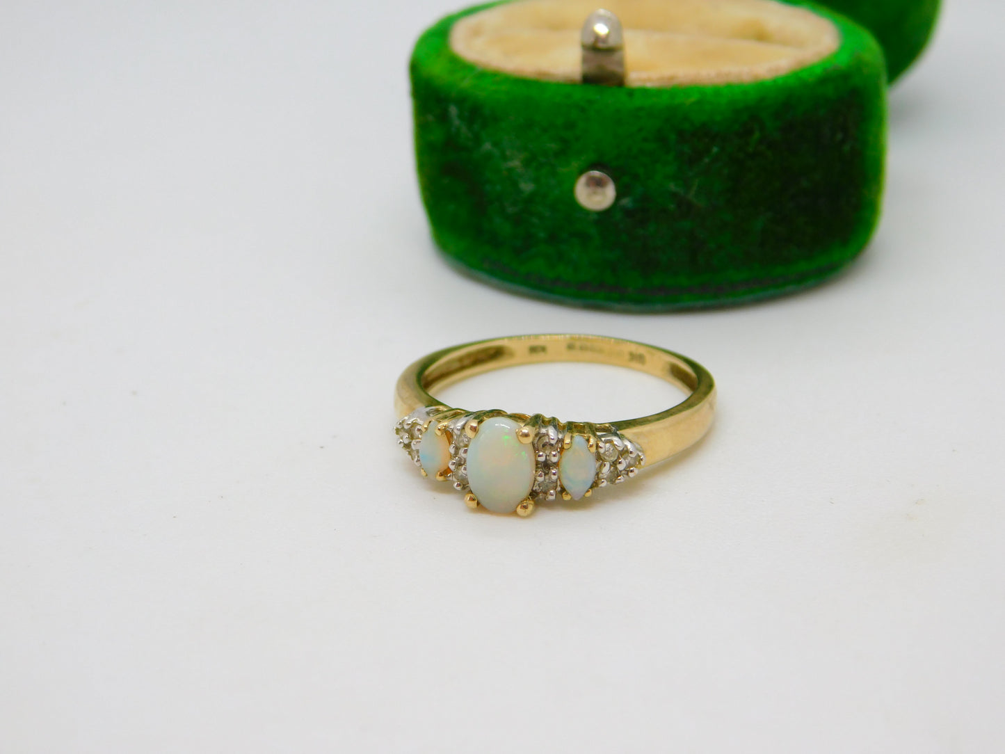 9ct Yellow Gold, Opal & White Spinel Set Dress Ring Vintage c1990 London