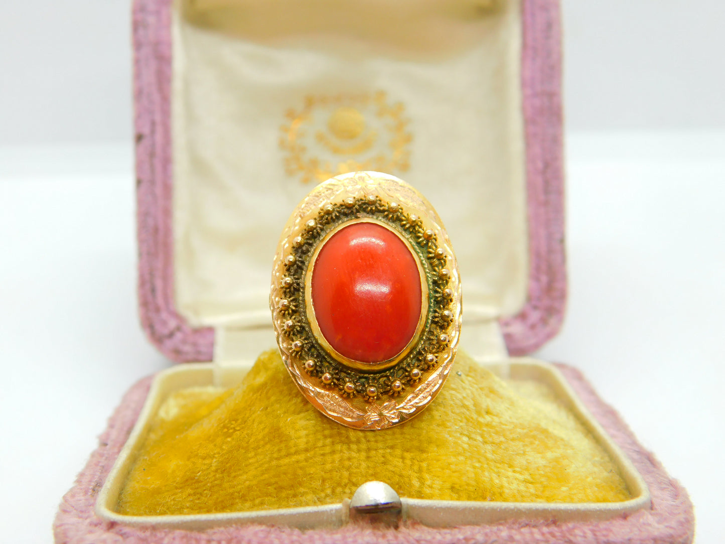 14ct Yellow Gold & Cabochon Coral Austro-Hungarian Ring Antique c1920 Art Deco