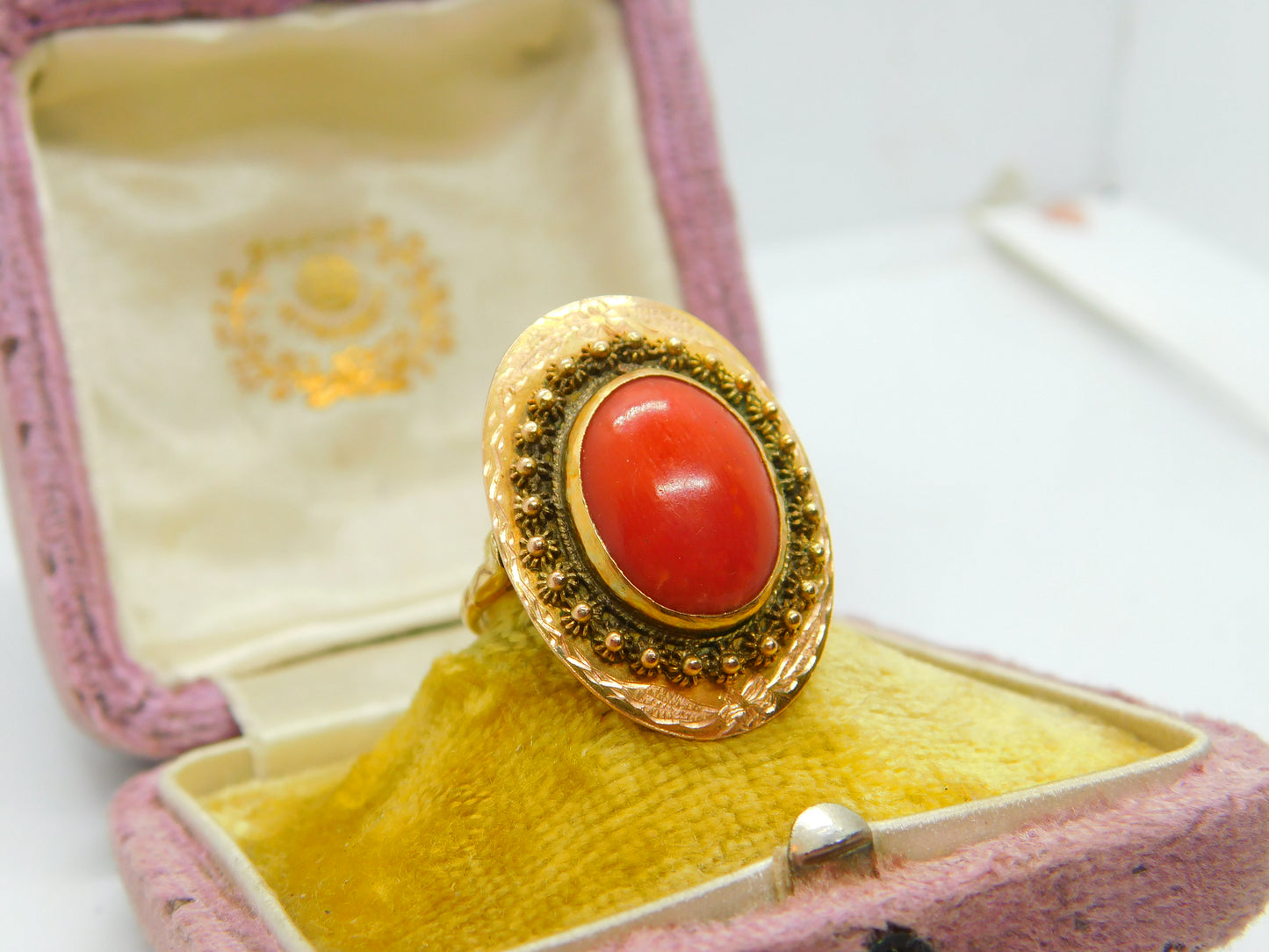 14ct Yellow Gold & Cabochon Coral Austro-Hungarian Ring Antique c1920 Art Deco