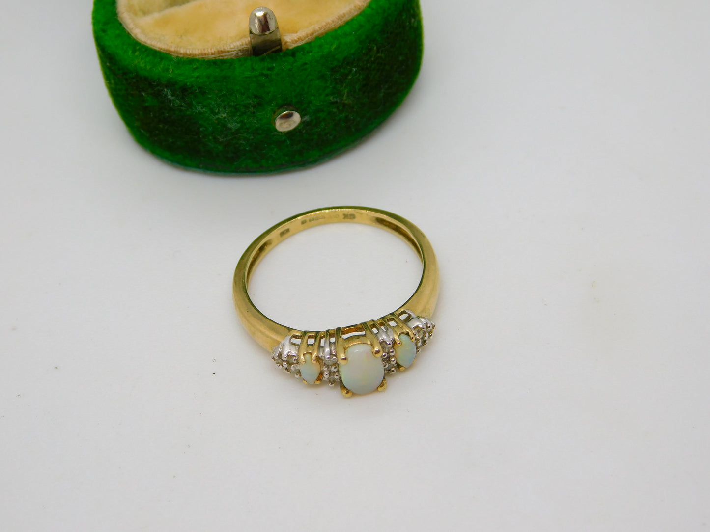 9ct Yellow Gold, Opal & White Spinel Set Dress Ring Vintage c1990 London