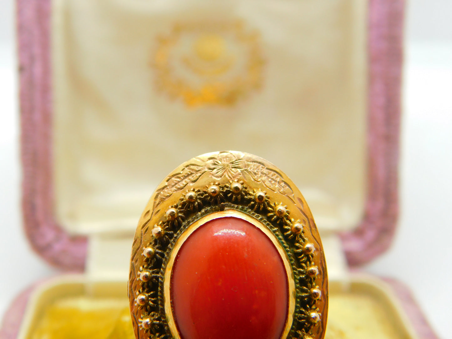 14ct Yellow Gold & Cabochon Coral Austro-Hungarian Ring Antique c1920 Art Deco