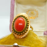 14ct Yellow Gold & Cabochon Coral Austro-Hungarian Ring Antique c1920 Art Deco