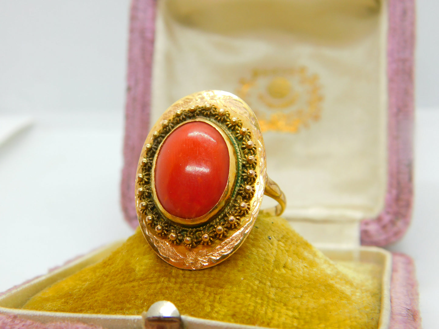 14ct Yellow Gold & Cabochon Coral Austro-Hungarian Ring Antique c1920 Art Deco