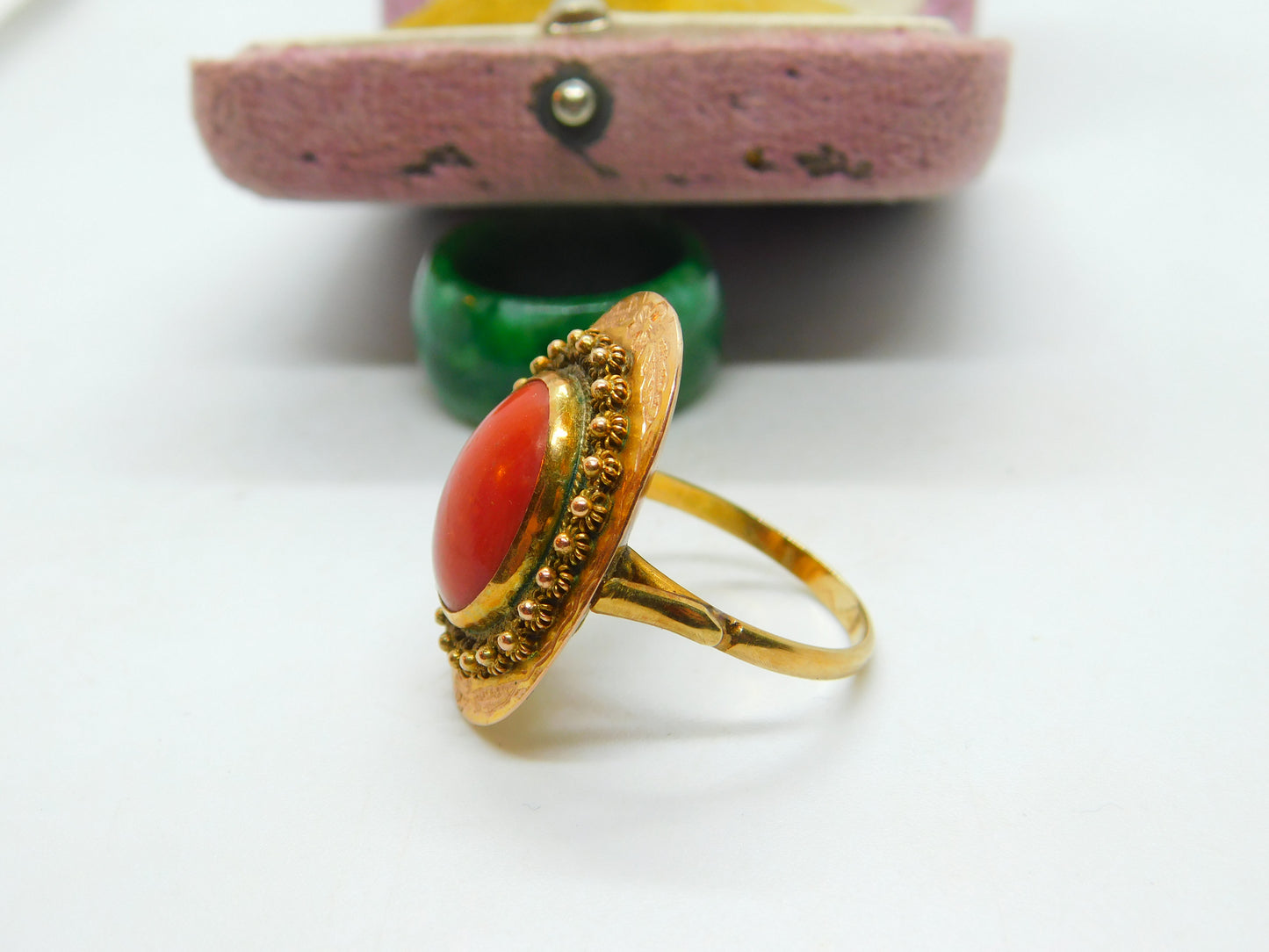 14ct Yellow Gold & Cabochon Coral Austro-Hungarian Ring Antique c1920 Art Deco