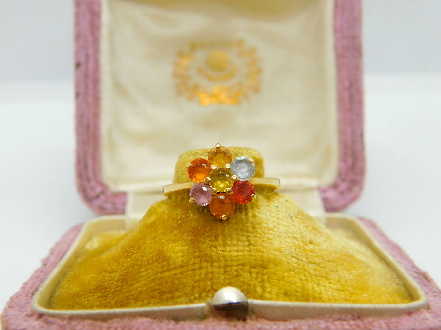 18ct Yellow Gold & Coloured Sapphire Floral Cluster Ring Vintage c1970