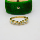 9ct Yellow Gold Cabochon Opal & Spinel Set Wishbone Band Ring Vintage c1990