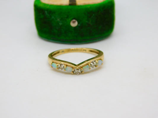 9ct Yellow Gold Cabochon Opal & Spinel Set Wishbone Band Ring Vintage c1990