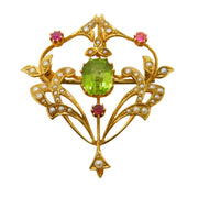 Edwardian 15ct Gold, Seed Pearl, Peridot & Ruby Lavalier Brooch Pendant Antique