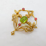 Edwardian 15ct Gold, Seed Pearl, Peridot & Ruby Lavalier Brooch Pendant Antique