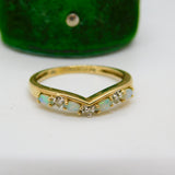 9ct Yellow Gold Cabochon Opal & Spinel Set Wishbone Band Ring Vintage c1990