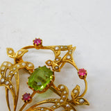 Edwardian 15ct Gold, Seed Pearl, Peridot & Ruby Lavalier Brooch Pendant Antique