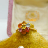 18ct Yellow Gold & Coloured Sapphire Floral Cluster Ring Vintage c1970