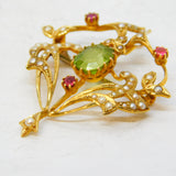 Edwardian 15ct Gold, Seed Pearl, Peridot & Ruby Lavalier Brooch Pendant Antique