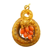 Victorian 22ct Yellow Gold & Coral Etruscan Style Drop Pendant Antique c1840s