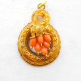Victorian 22ct Yellow Gold & Coral Etruscan Style Drop Pendant Antique c1840s