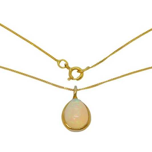 14ct Yellow Gold & Gilt Set Cabochon Opal Pendant Necklace Vintage c1970
