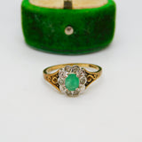9ct Yellow Gold, Natural Emerald & Diamond Floral Cluster Ring Vintage London