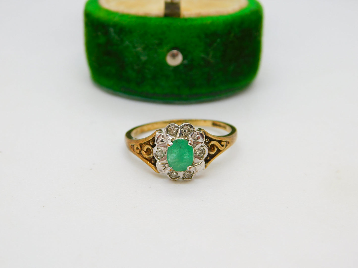 9ct Yellow Gold, Natural Emerald & Diamond Floral Cluster Ring Vintage London