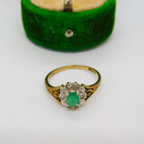 9ct Yellow Gold, Natural Emerald & Diamond Floral Cluster Ring Vintage London