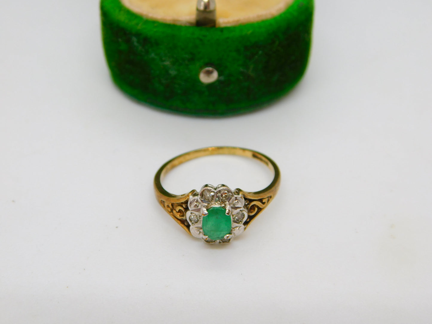 9ct Yellow Gold, Natural Emerald & Diamond Floral Cluster Ring Vintage London