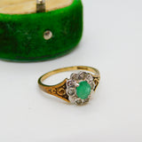 9ct Yellow Gold, Natural Emerald & Diamond Floral Cluster Ring Vintage London