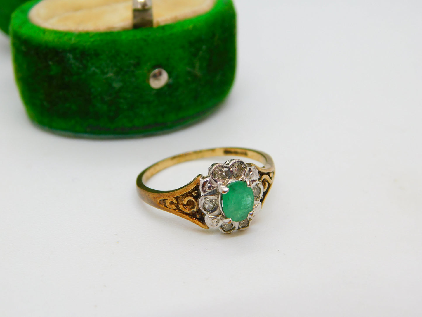 9ct Yellow Gold, Natural Emerald & Diamond Floral Cluster Ring Vintage London