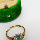 9ct Yellow Gold, Natural Emerald & Diamond Floral Cluster Ring Vintage London