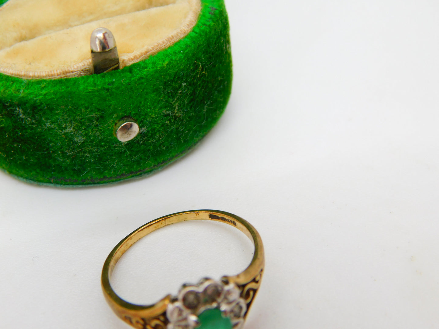 9ct Yellow Gold, Natural Emerald & Diamond Floral Cluster Ring Vintage London