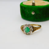 9ct Yellow Gold, Natural Emerald & Diamond Floral Cluster Ring Vintage London