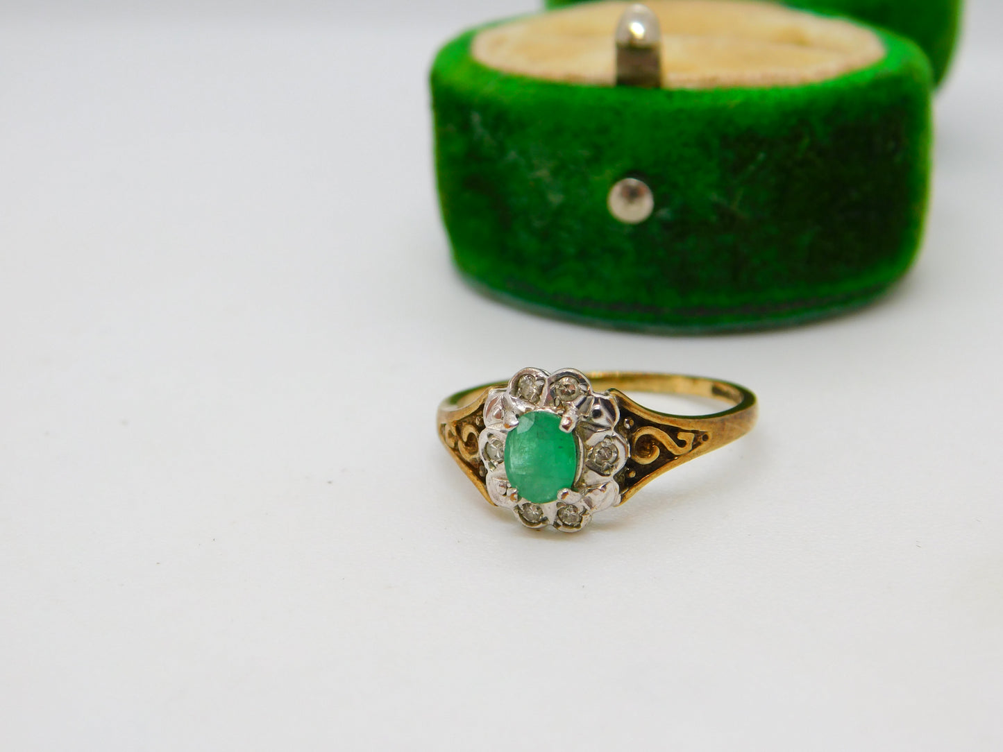 9ct Yellow Gold, Natural Emerald & Diamond Floral Cluster Ring Vintage London