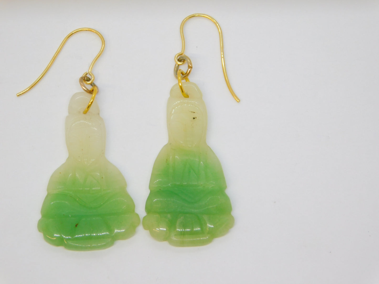 19th Century Chinese Carved Jade Buddha 9ct Yellow Gold Hook Earrings Antique