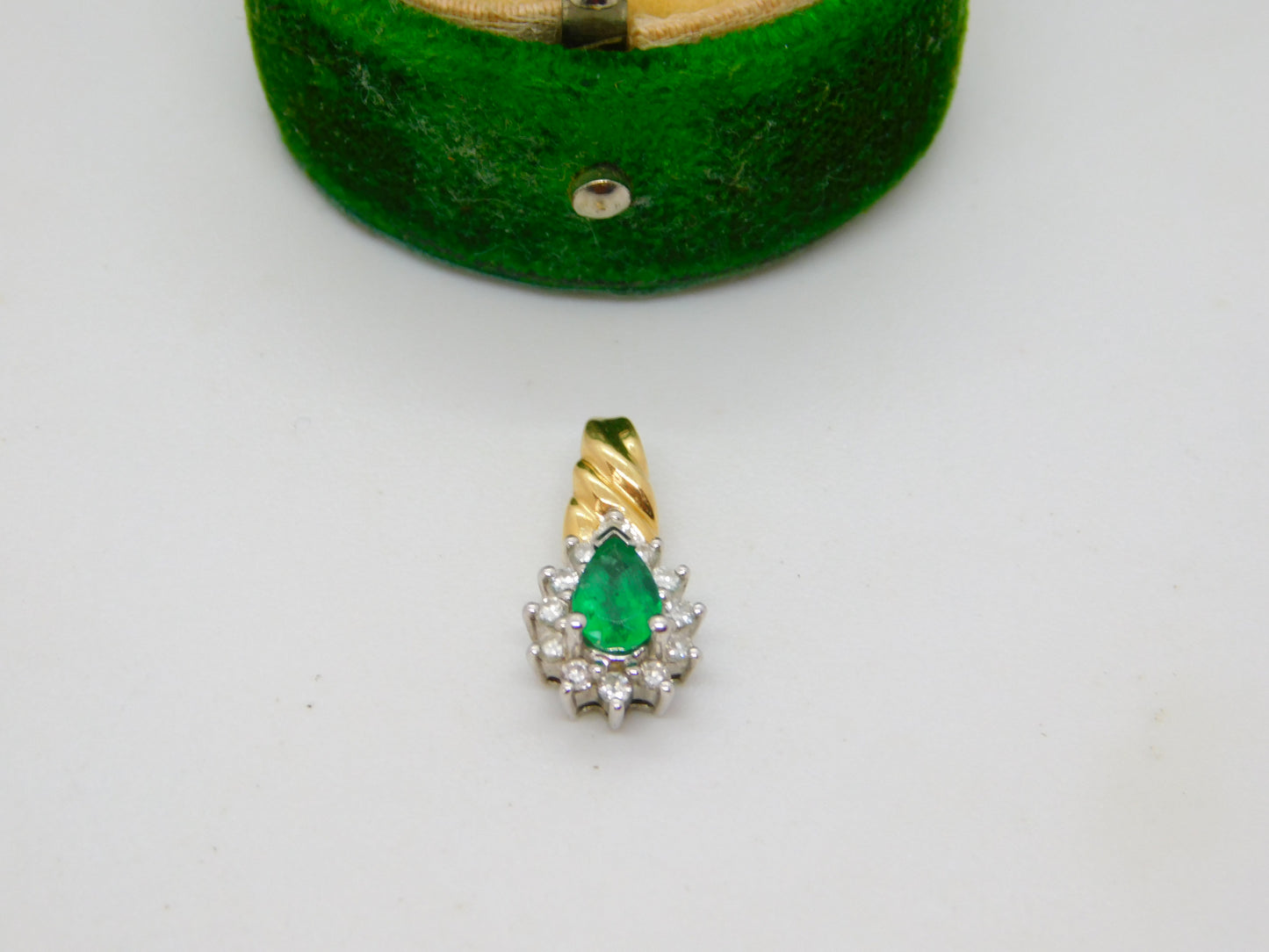 14ct Yellow Gold, Emerald & Diamond Pear Drop Pendant Vintage c1990