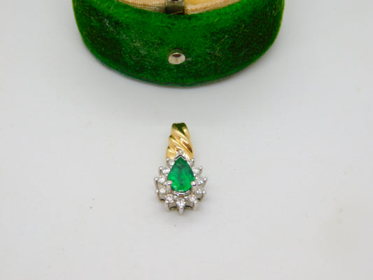 14ct Yellow Gold, Emerald & Diamond Pear Drop Pendant Vintage c1990