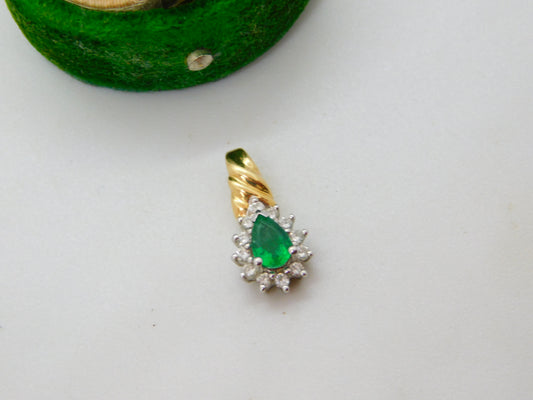 14ct Yellow Gold, Emerald & Diamond Pear Drop Pendant Vintage c1990