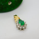 14ct Yellow Gold, Emerald & Diamond Pear Drop Pendant Vintage c1990